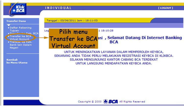 Pilih menu Transfer ke BCA Virtual Account