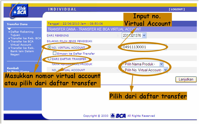 Masukkan no BCA Virtual Account