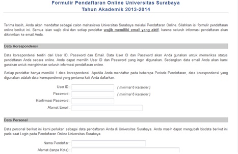 Tampilan form pendaftaran mahasiswa baru UBAYA